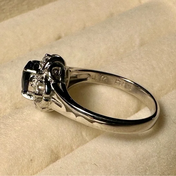 Platinum Natural Blue Sapphire & Diamond Jewelry Women Engagement Ring Size 4.9